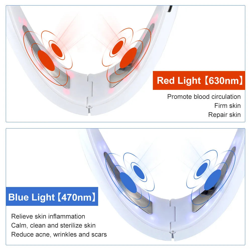 White multifunctional facial lifting device with red and blue light therapy, 5 modes, 10 vibration levels, ABS plastic