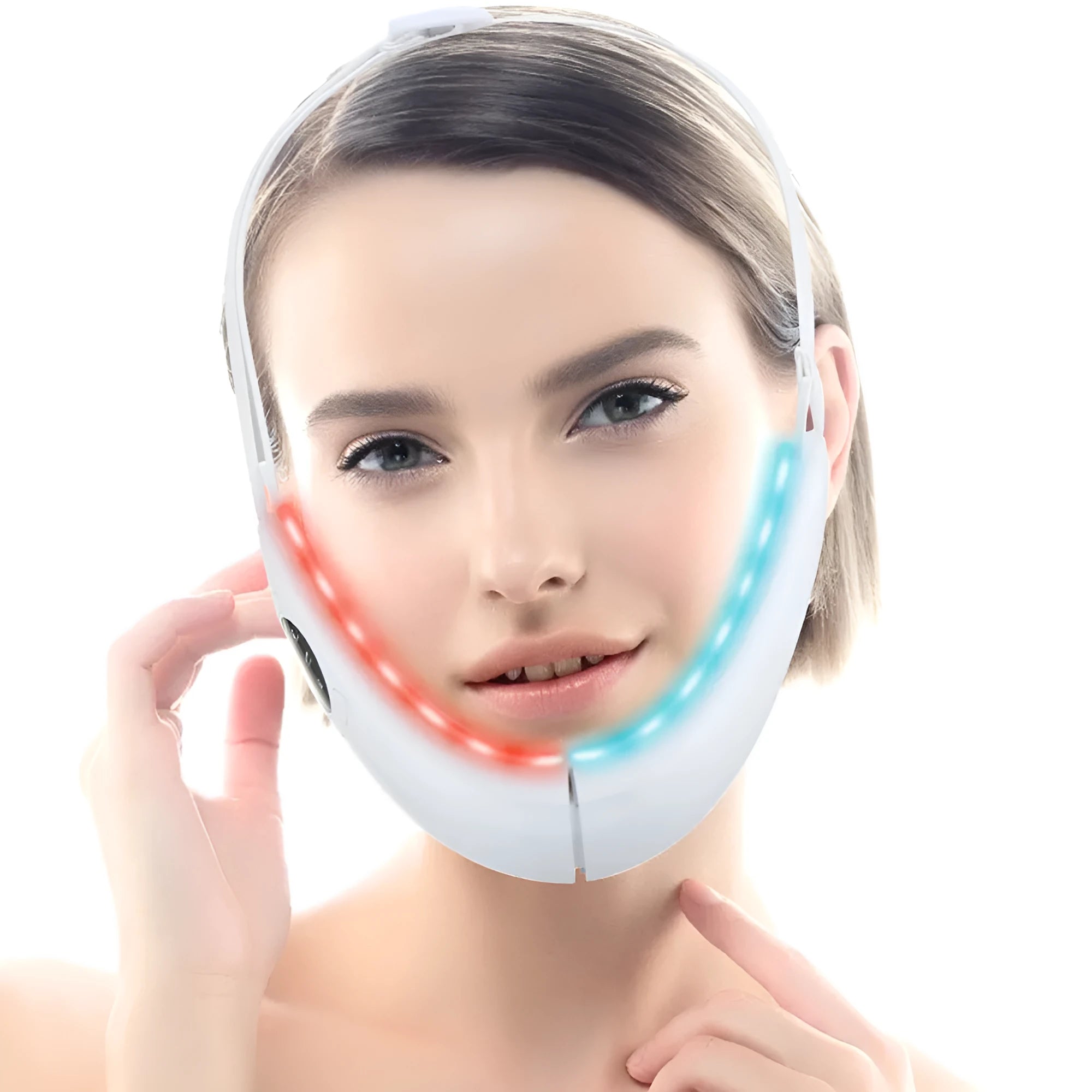 White multifunctional facial lifting device with red and blue light therapy, 5 modes, 10 vibration levels, ABS plastic