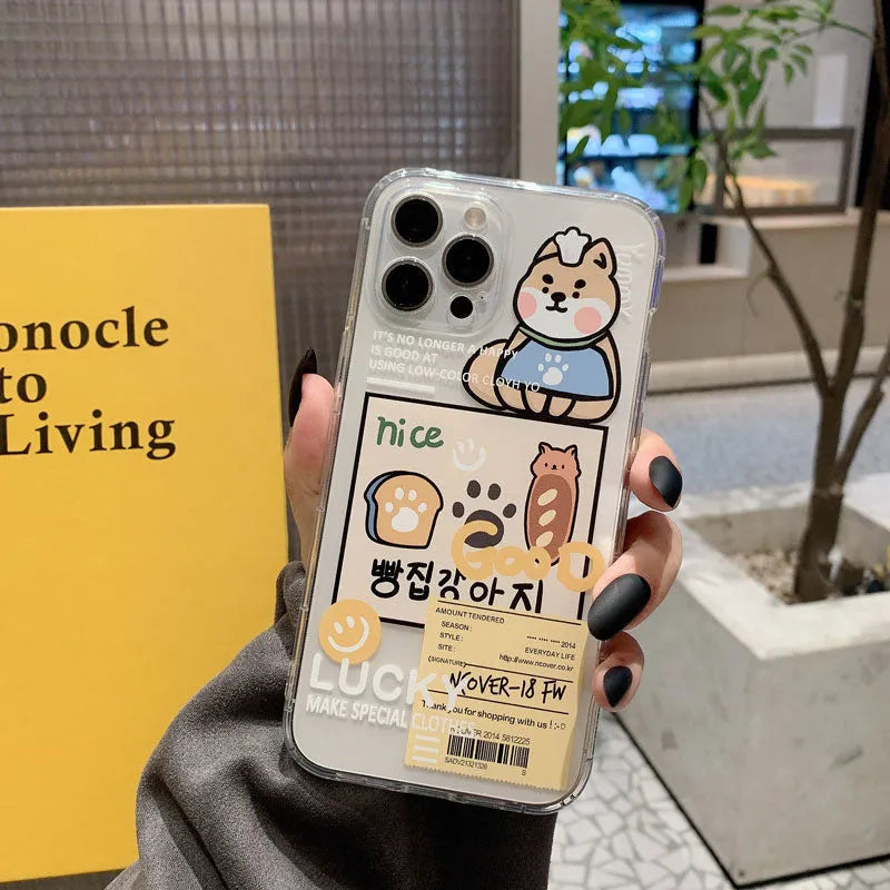 Transparent iPhone case with graffiti rabbit and bear motifs, airbag corner option, for iPhone 12 11 XR XS Max SE 2020 8 7