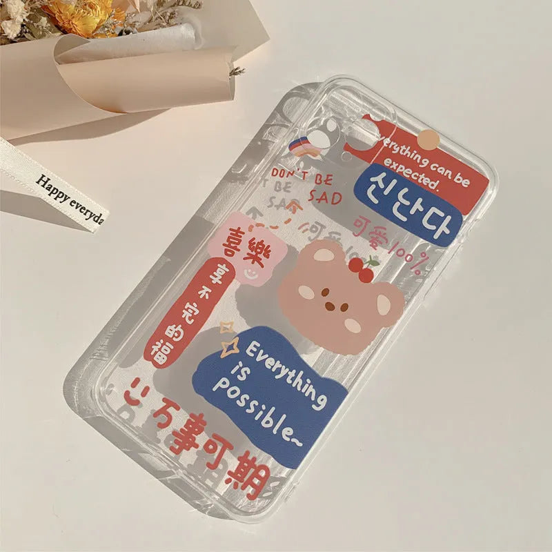 Transparent iPhone case with graffiti rabbit and bear motifs, airbag corner option, for iPhone 12 11 XR XS Max SE 2020 8 7