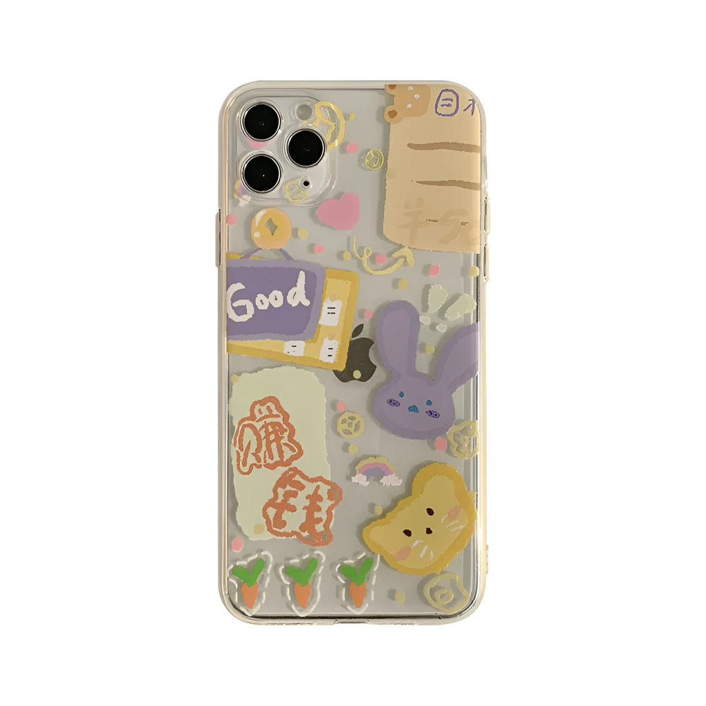 Transparent iPhone case with graffiti rabbit and bear motifs, airbag corner option, for iPhone 12 11 XR XS Max SE 2020 8 7