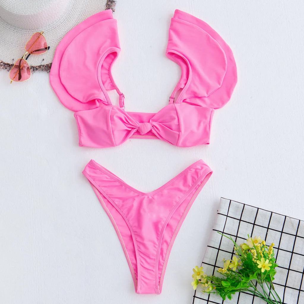 Solid colour pink ruffle bikini set for women with chest pad, nylon fabric, two-piece design, front view