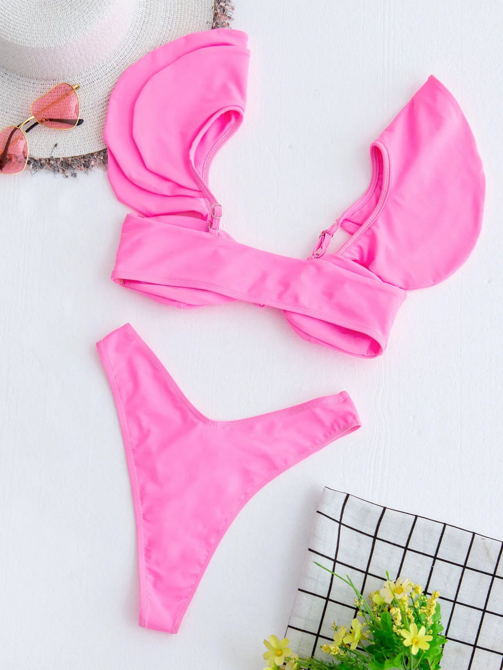 Solid colour pink ruffle bikini set for women with chest pad, nylon fabric, two-piece design, front view