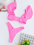 Solid colour pink ruffle bikini set for women with chest pad, nylon fabric, two-piece design, front view