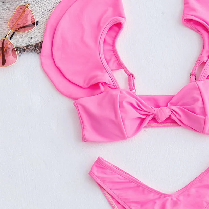 Solid colour pink ruffle bikini set for women with chest pad, nylon fabric, two-piece design, front view