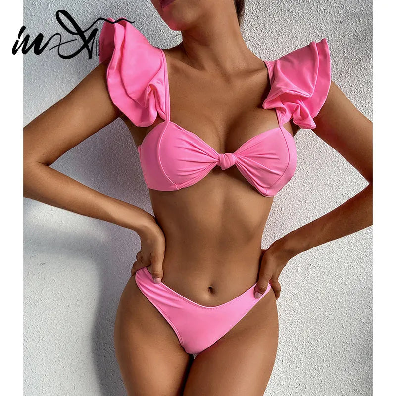 Solid colour pink ruffle bikini set for women with chest pad, nylon fabric, two-piece design, front view