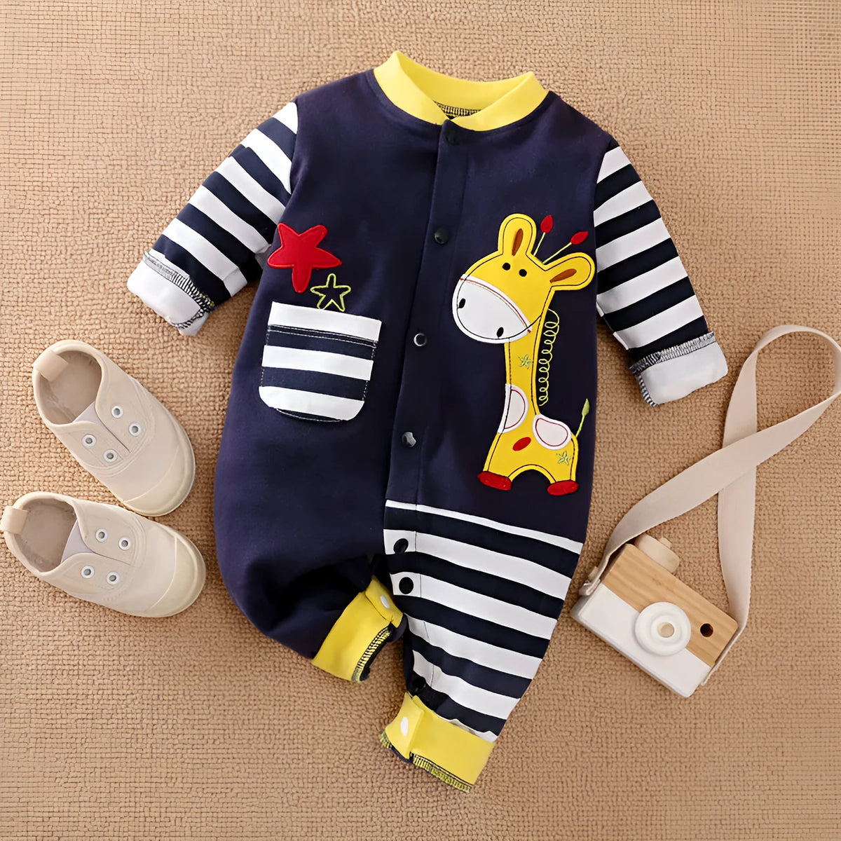 Long-sleeved cotton baby romper in yellow or black with concealed buckle closure, sizes 52cm to 80cm