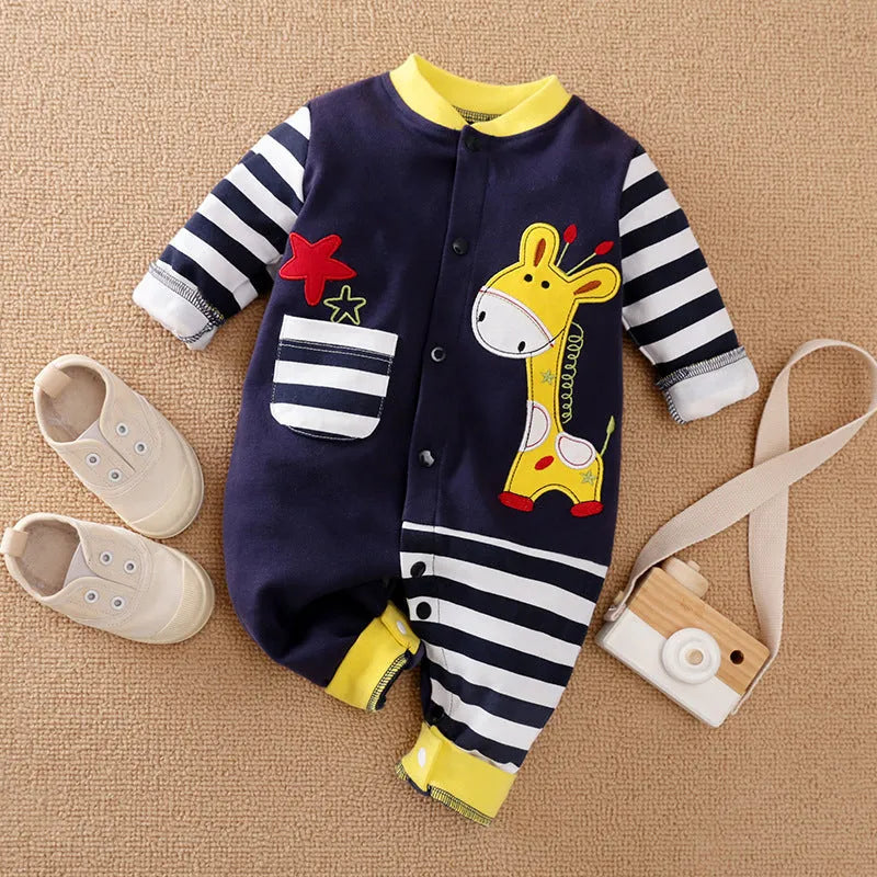 Long-sleeved cotton baby romper in yellow or black with concealed buckle closure, sizes 52cm to 80cm