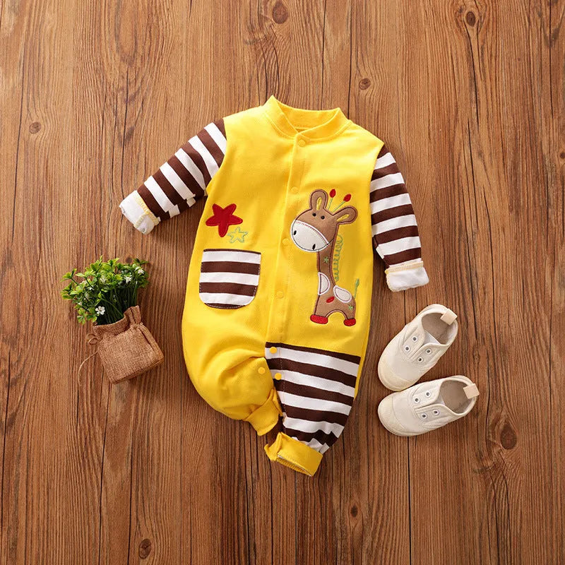 Long-sleeved cotton baby romper in yellow or black with concealed buckle closure, sizes 52cm to 80cm