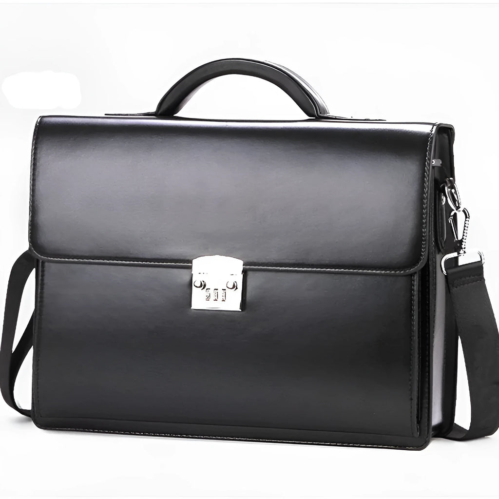 Black horizontal PU leather men's business briefcase with a zipper opening and single carry handle.