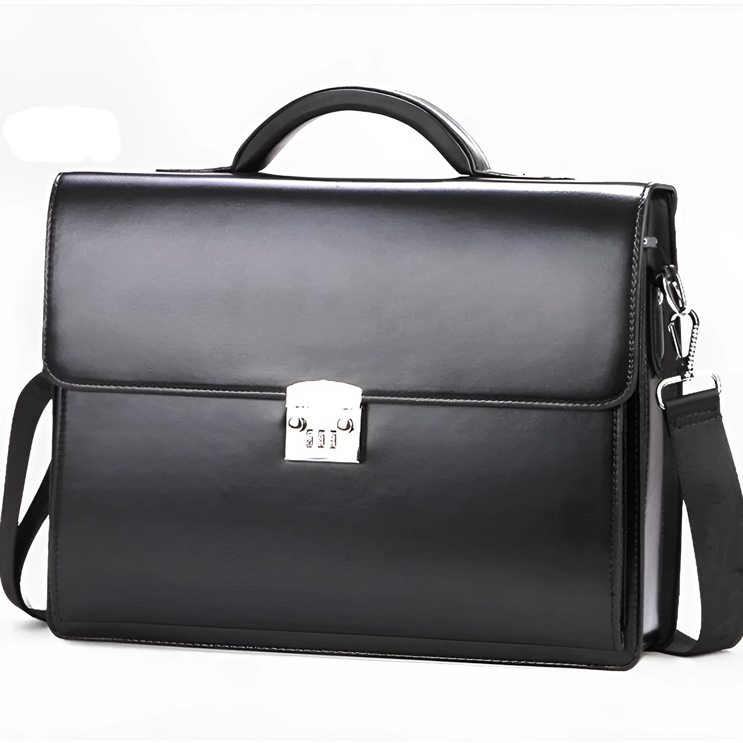 Black horizontal PU leather men's business briefcase with a zipper opening and single carry handle.