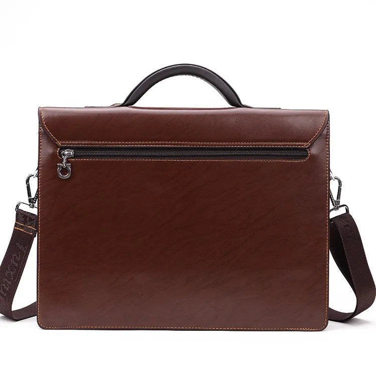 Black horizontal PU leather men's business briefcase with a zipper opening and single carry handle.