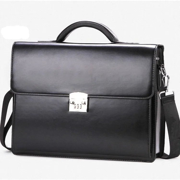 Black horizontal PU leather men's business briefcase with a zipper opening and single carry handle.