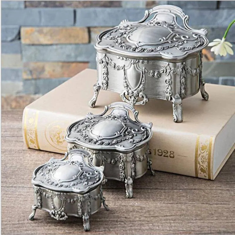 Hangkai zinc alloy jewellery storage box in antique tin colour showing large, medium, and small size options.