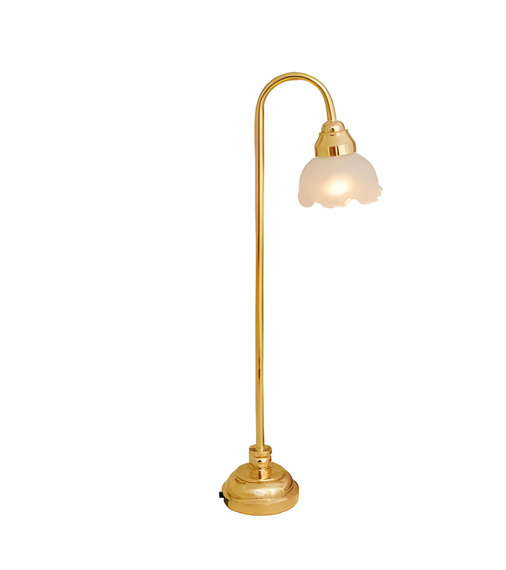 Miniature dollhouse LED floor lamp with glass shade on wooden surface