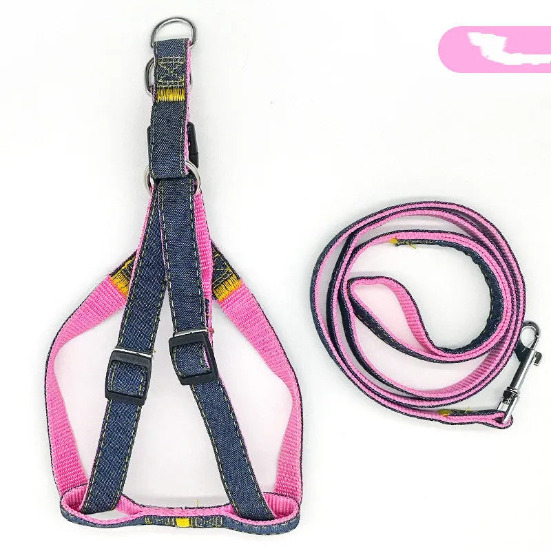 Denim and nylon dog walking traction rope harness with 1 m lead, available in four sizes and four colours