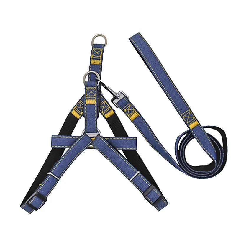 Denim and nylon dog walking traction rope harness with 1 m lead, available in four sizes and four colours