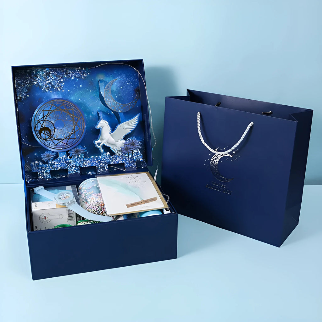 Three-dimensional stationery gift box with Lucky Reindeer design, paper construction, available in Blue and Pink colours