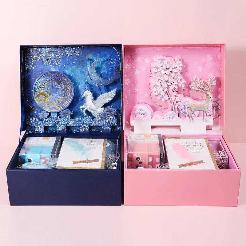Three-dimensional stationery gift box with Lucky Reindeer design, paper construction, available in Blue and Pink colours
