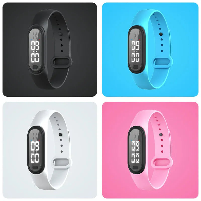 Electronic watch-style ultrasonic mosquito repellent bracelet in black, white, blue, or pink colours