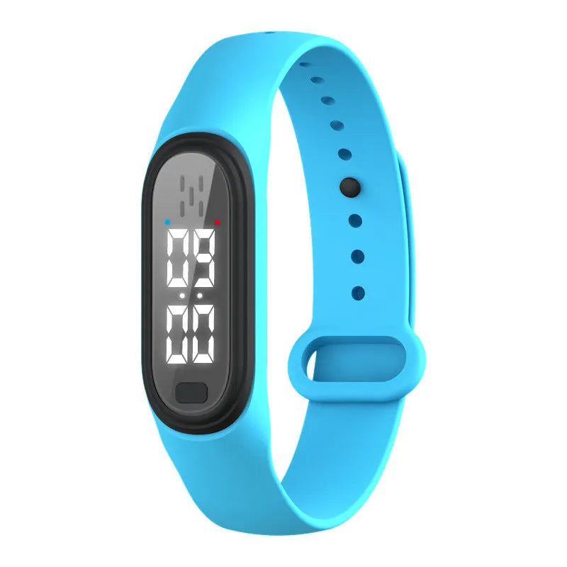 Electronic watch-style ultrasonic mosquito repellent bracelet in black, white, blue, or pink colours