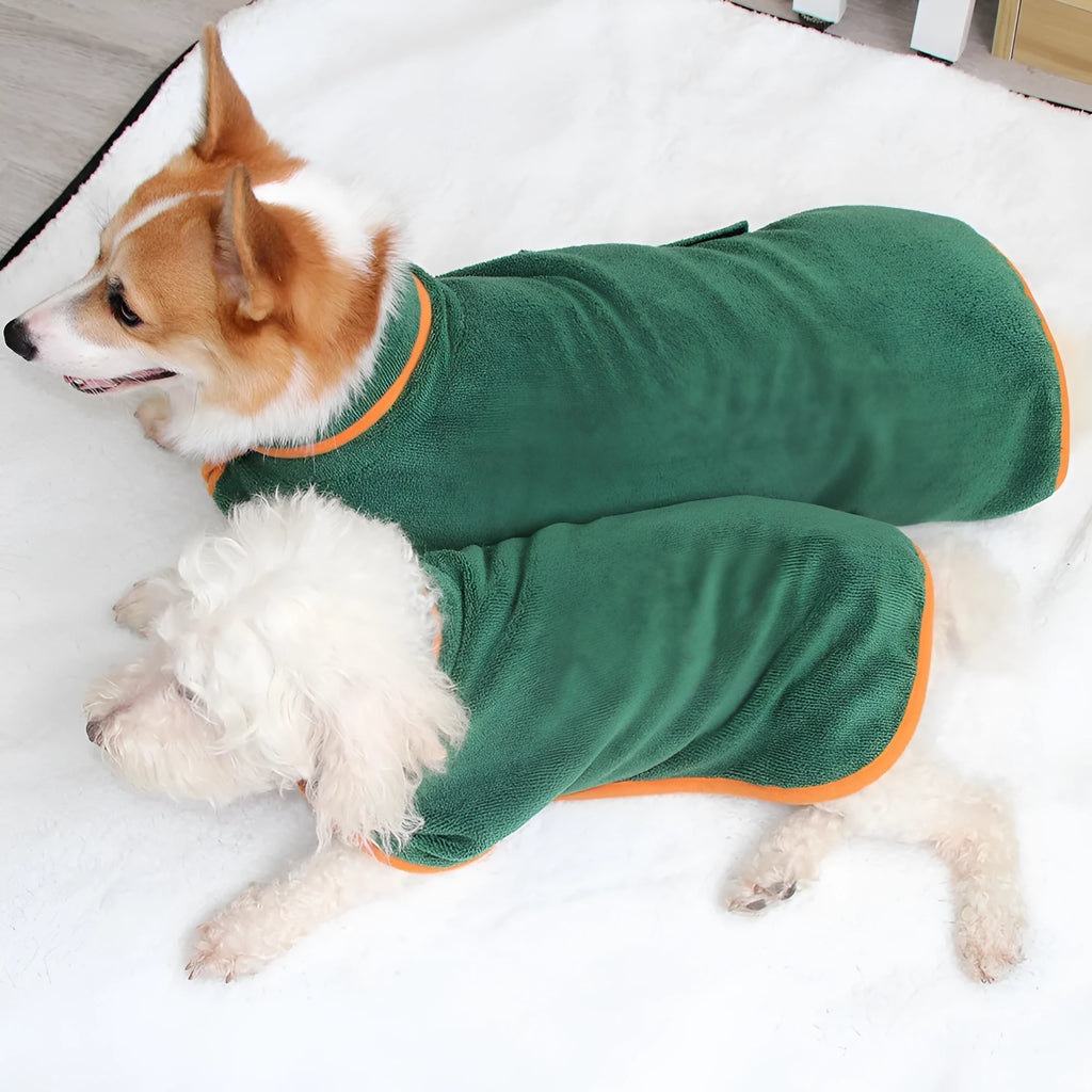 Green double-sided coral fleece pet bathing robe for dogs, sizes XS to XL
