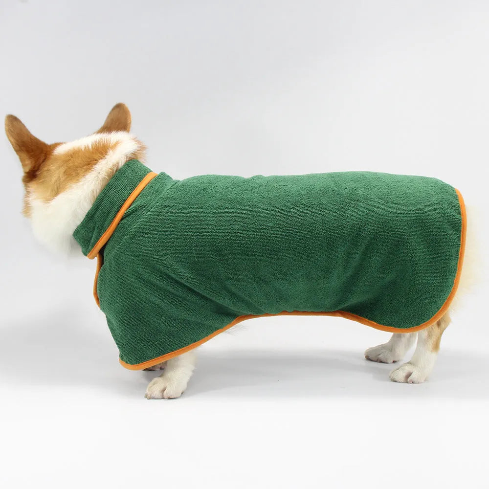 Green double-sided coral fleece pet bathing robe for dogs, sizes XS to XL