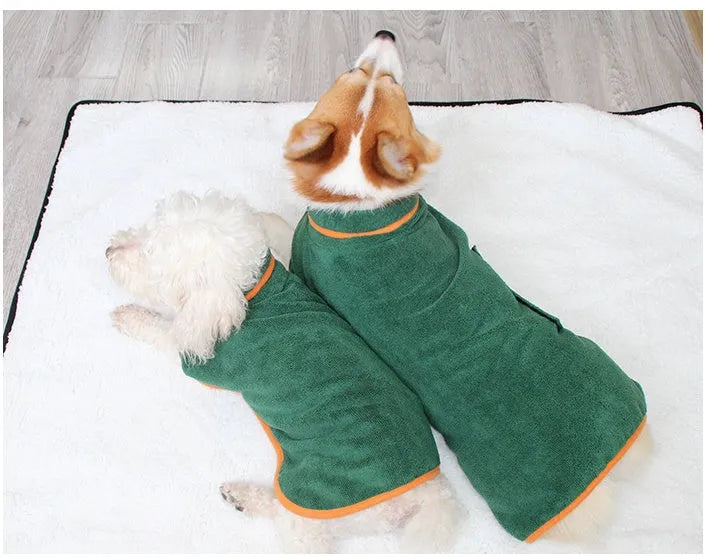 Green double-sided coral fleece pet bathing robe for dogs, sizes XS to XL