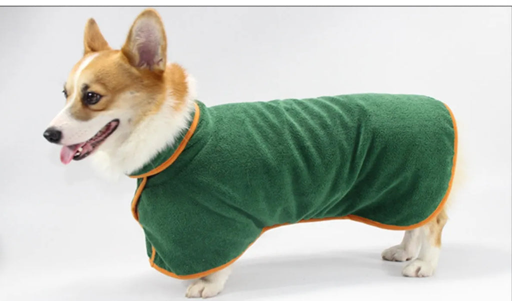 Green double-sided coral fleece pet bathing robe for dogs, sizes XS to XL