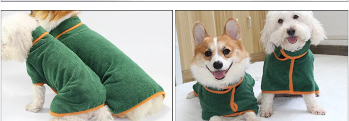 Green double-sided coral fleece pet bathing robe for dogs, sizes XS to XL