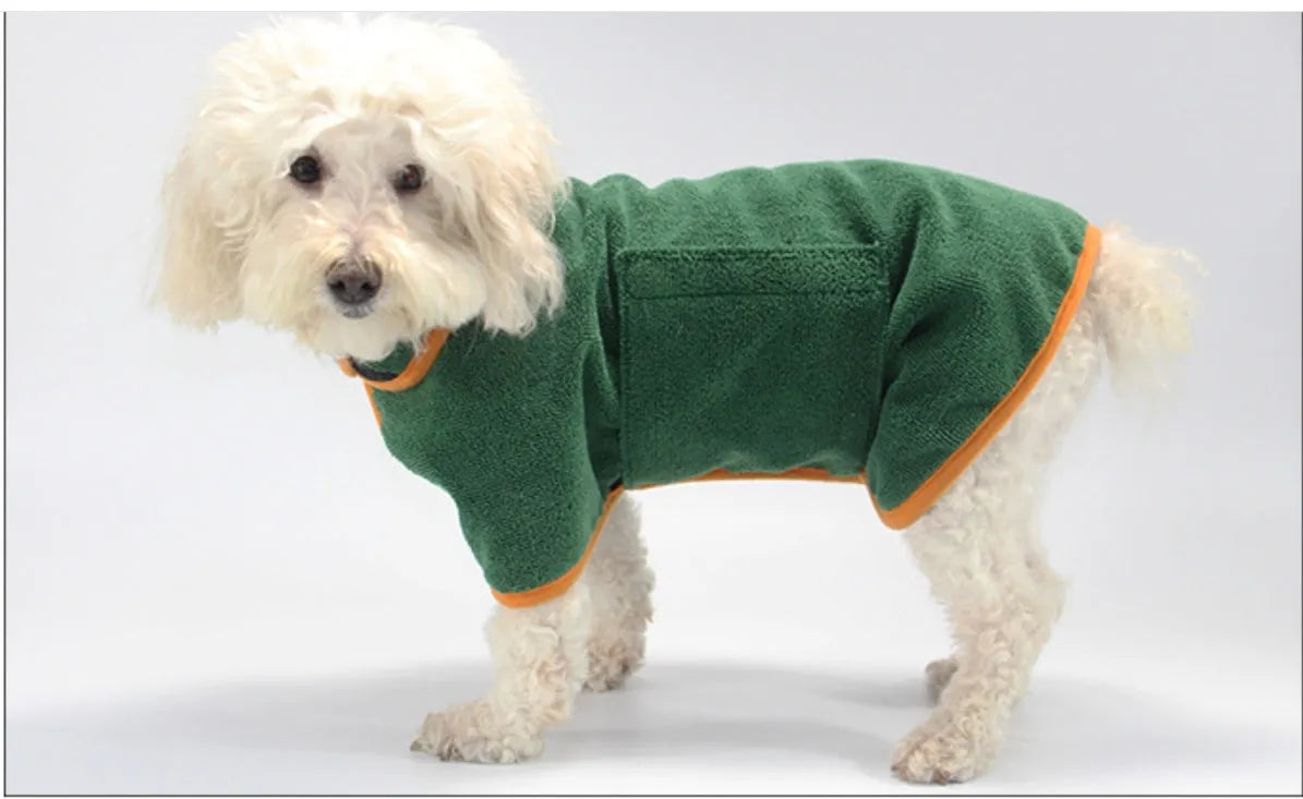 Green double-sided coral fleece pet bathing robe for dogs, sizes XS to XL