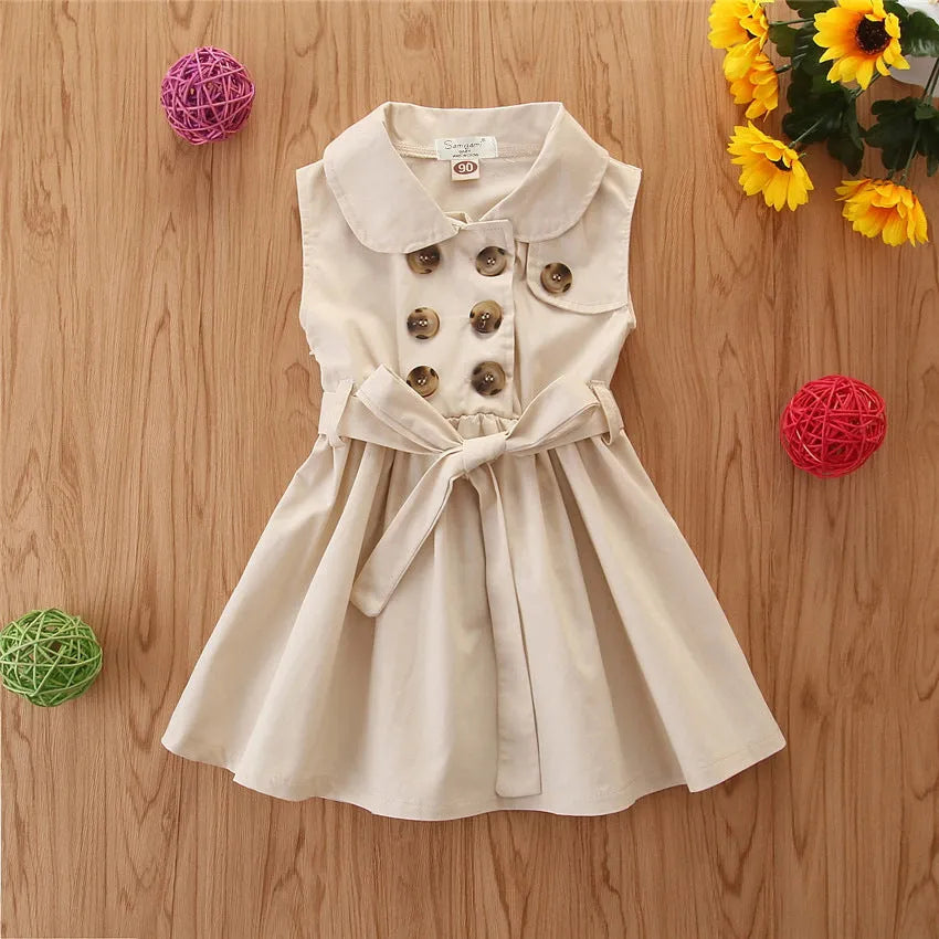Cotton sleeveless A-line princess dress for toddler girls in pink, black, or khaki with sash button