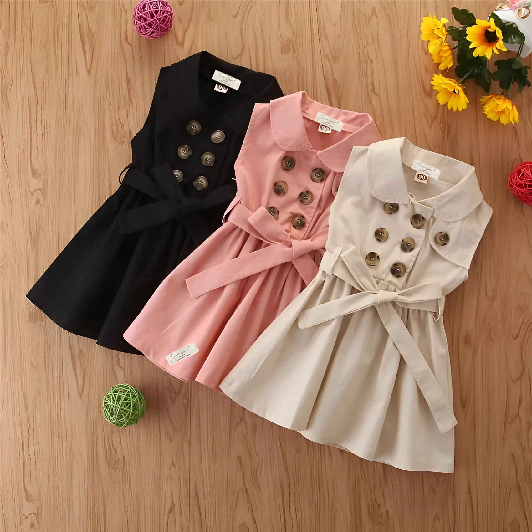 Cotton sleeveless A-line princess dress for toddler girls in pink, black, or khaki with sash button
