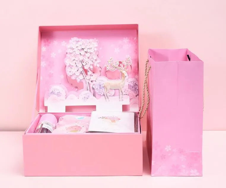 Three-dimensional stationery gift box with Lucky Reindeer design, paper construction, available in Blue and Pink colours