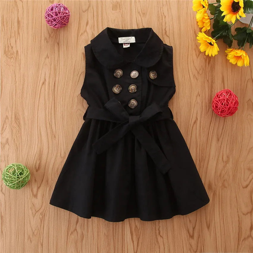 Cotton sleeveless A-line princess dress for toddler girls in pink, black, or khaki with sash button