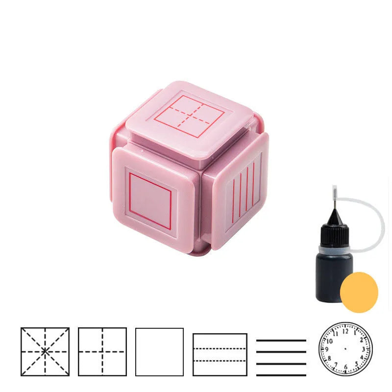 Six-sided Tianzi grid self-inking teacher stamp in pink with red ink