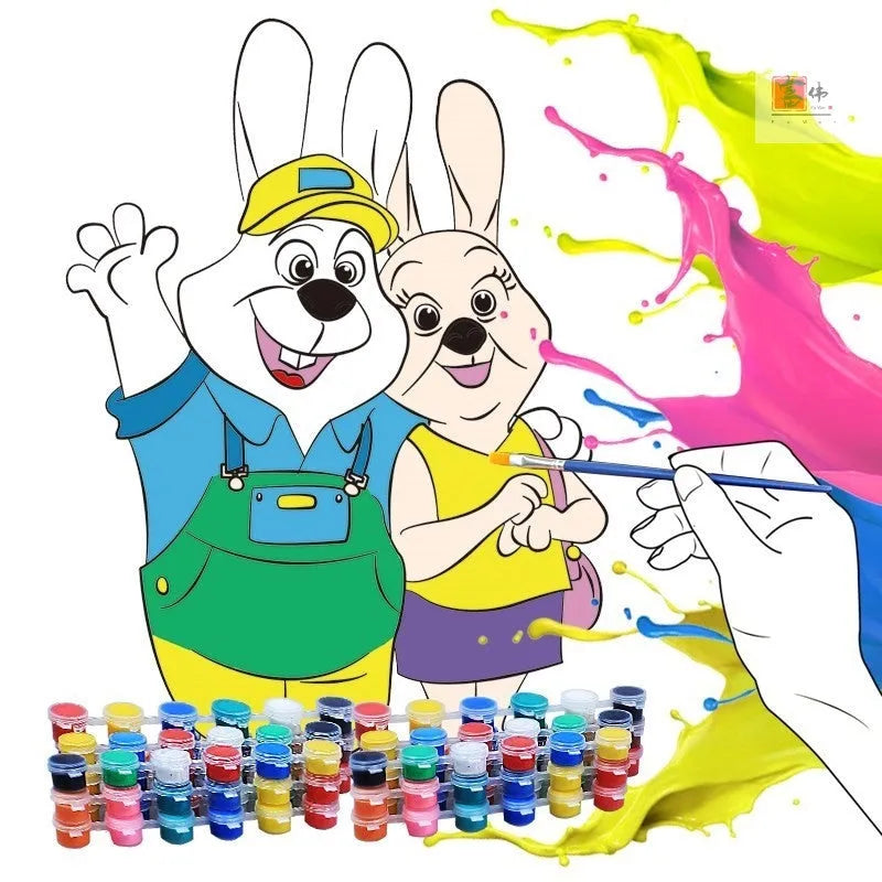 Children's gouache painting drawing board set with 50 pictures, pigments, pens, and palette.