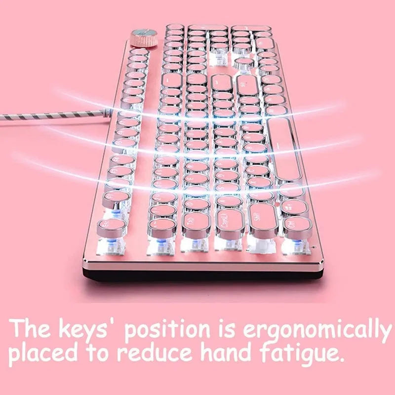 Silver and pink wired mechanical keyboard with green switches and white backlighting next to a matching mouse.