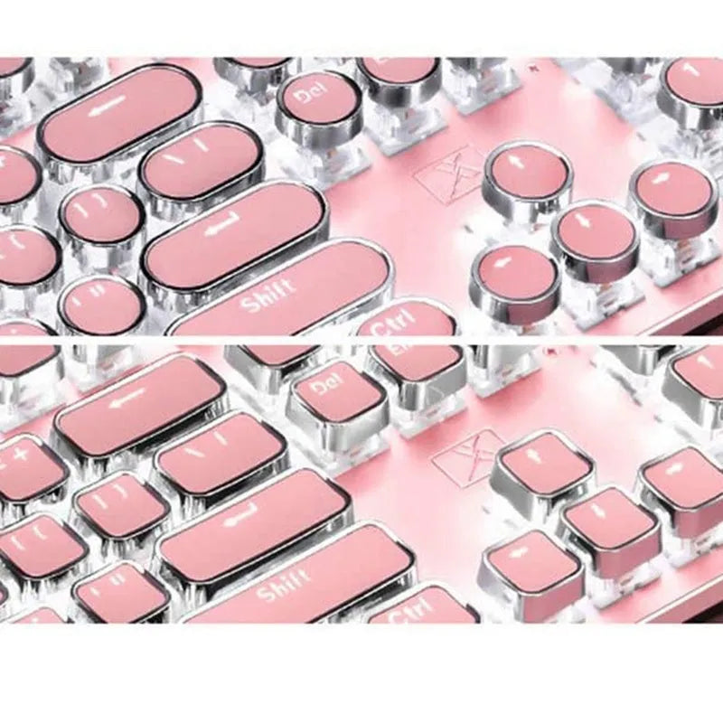 Silver and pink wired mechanical keyboard with green switches and white backlighting next to a matching mouse.