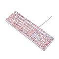 Silver and pink wired mechanical keyboard with green switches and white backlighting next to a matching mouse.