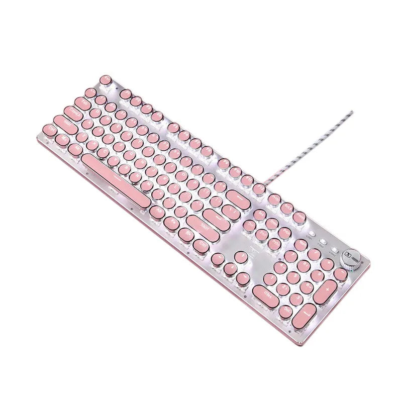 Silver and pink wired mechanical keyboard with green switches and white backlighting next to a matching mouse.