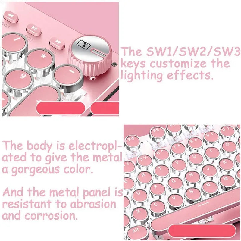 Silver and pink wired mechanical keyboard with green switches and white backlighting next to a matching mouse.
