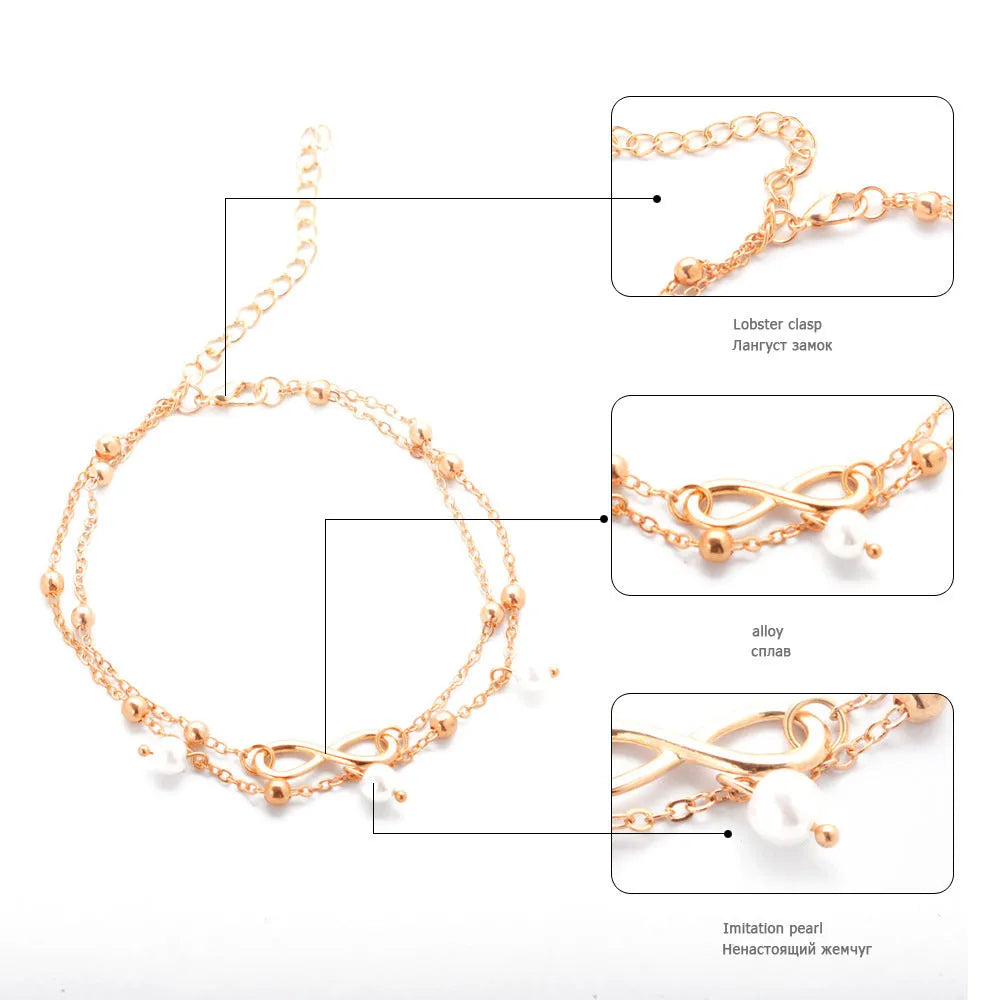 Women's alloy anklet with 8-shaped double-layer pearls in gold finish