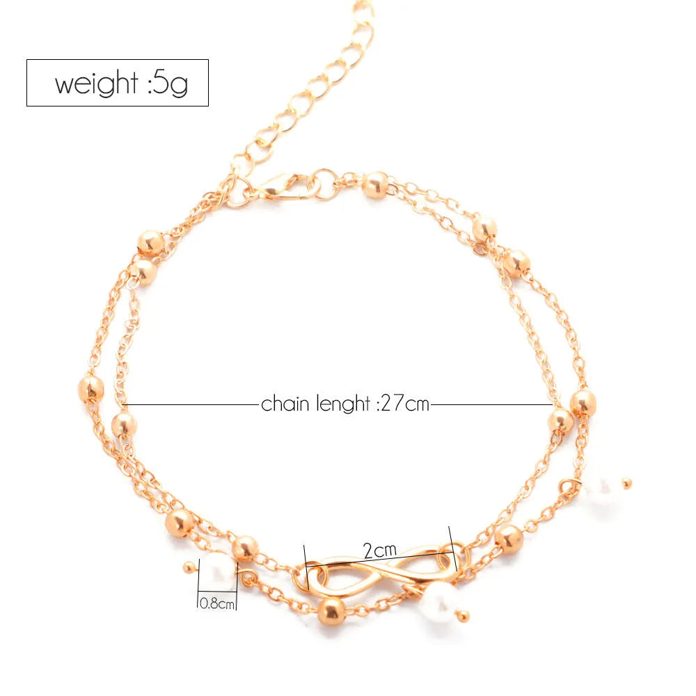 Women's alloy anklet with 8-shaped double-layer pearls in gold finish