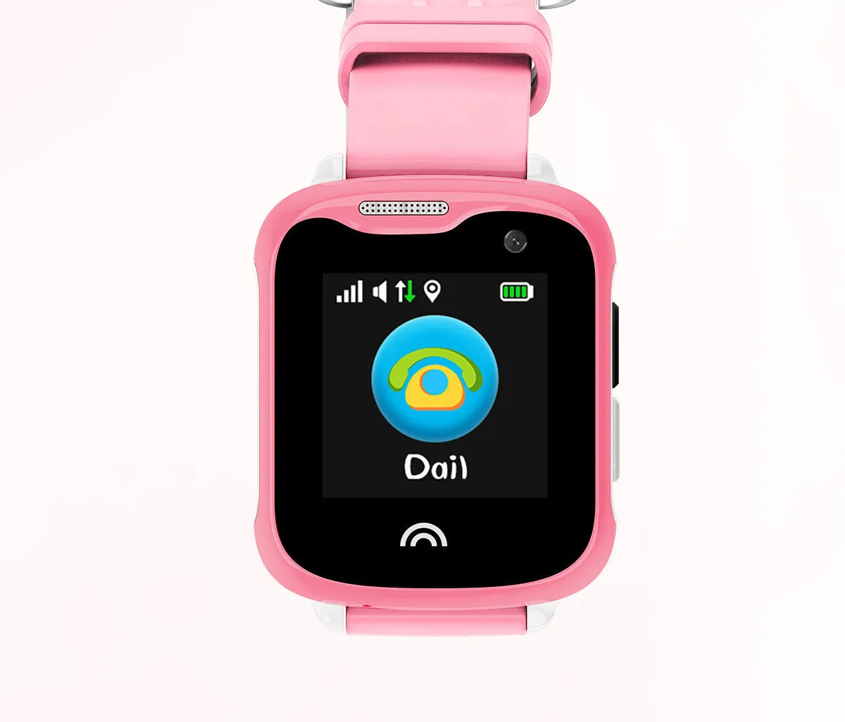 Children's waterproof touch screen smart phone watch in black, blue, or pink colours with silicone strap