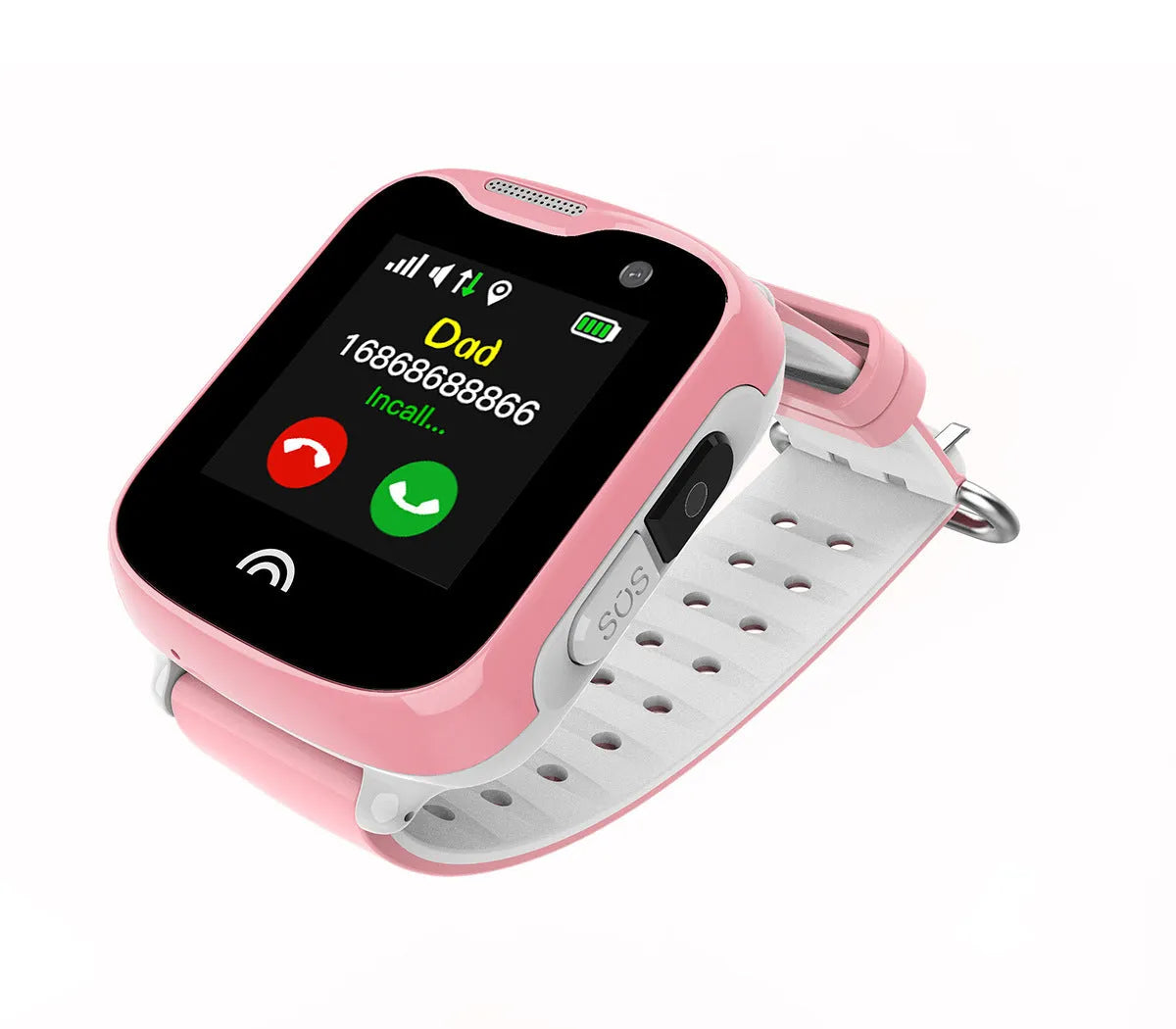 Children's waterproof touch screen smart phone watch in black, blue, or pink colours with silicone strap