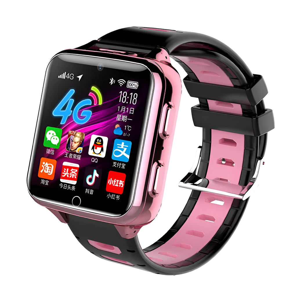 Children's smart sports watch with colour screen and silicone strap in black, blue, or pink.
