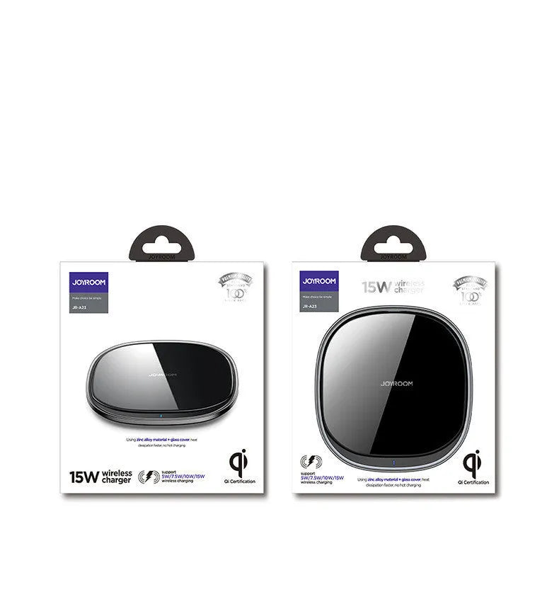 Black or white 15W wireless charging pad with zinc alloy and glass construction on a desk.