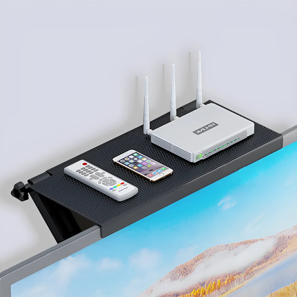 Plastic free-standing desktop rack for set-top boxes and routers with hook installation, shown in one of five colour options.