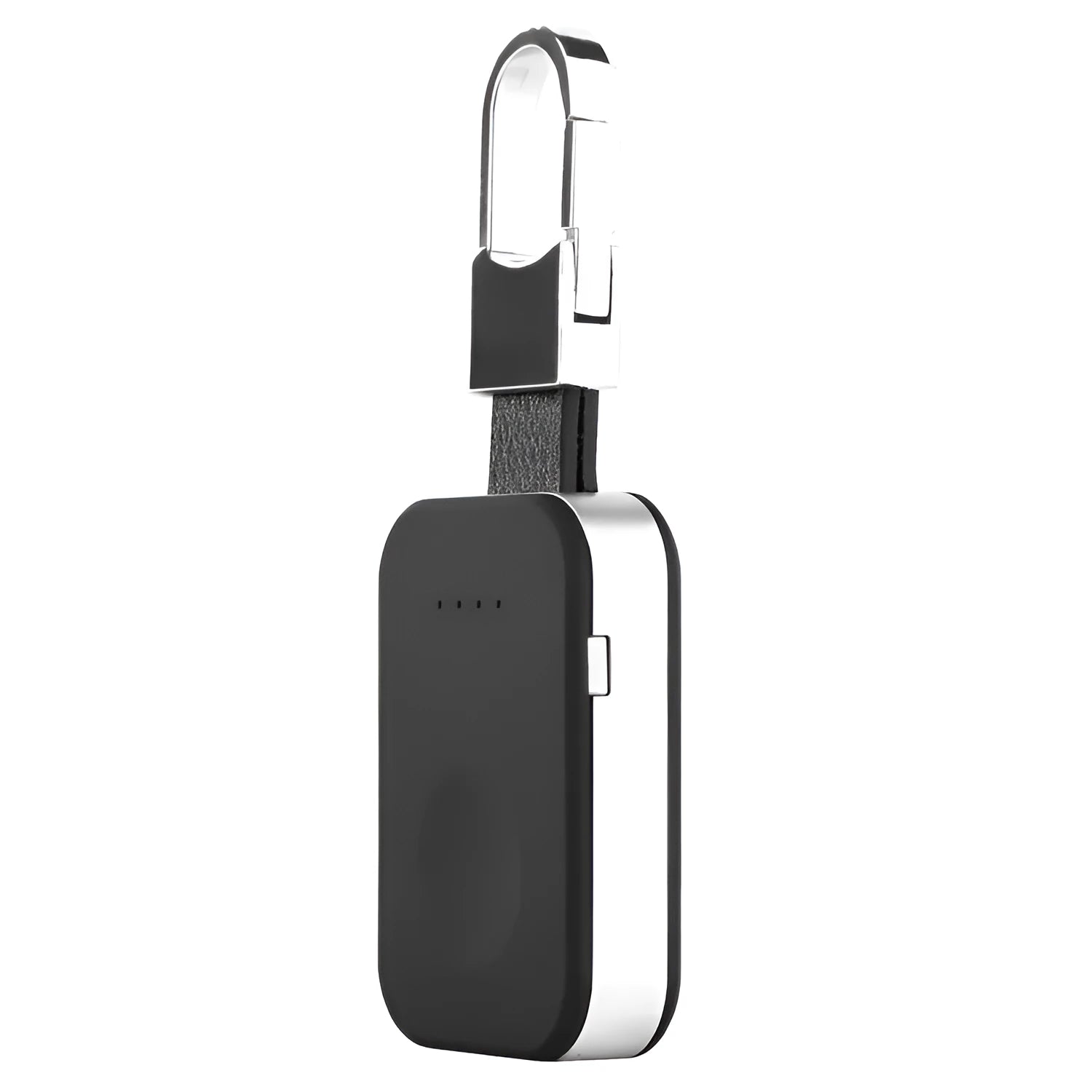 Black portable keychain power bank for wireless charging of an Apple Watch.